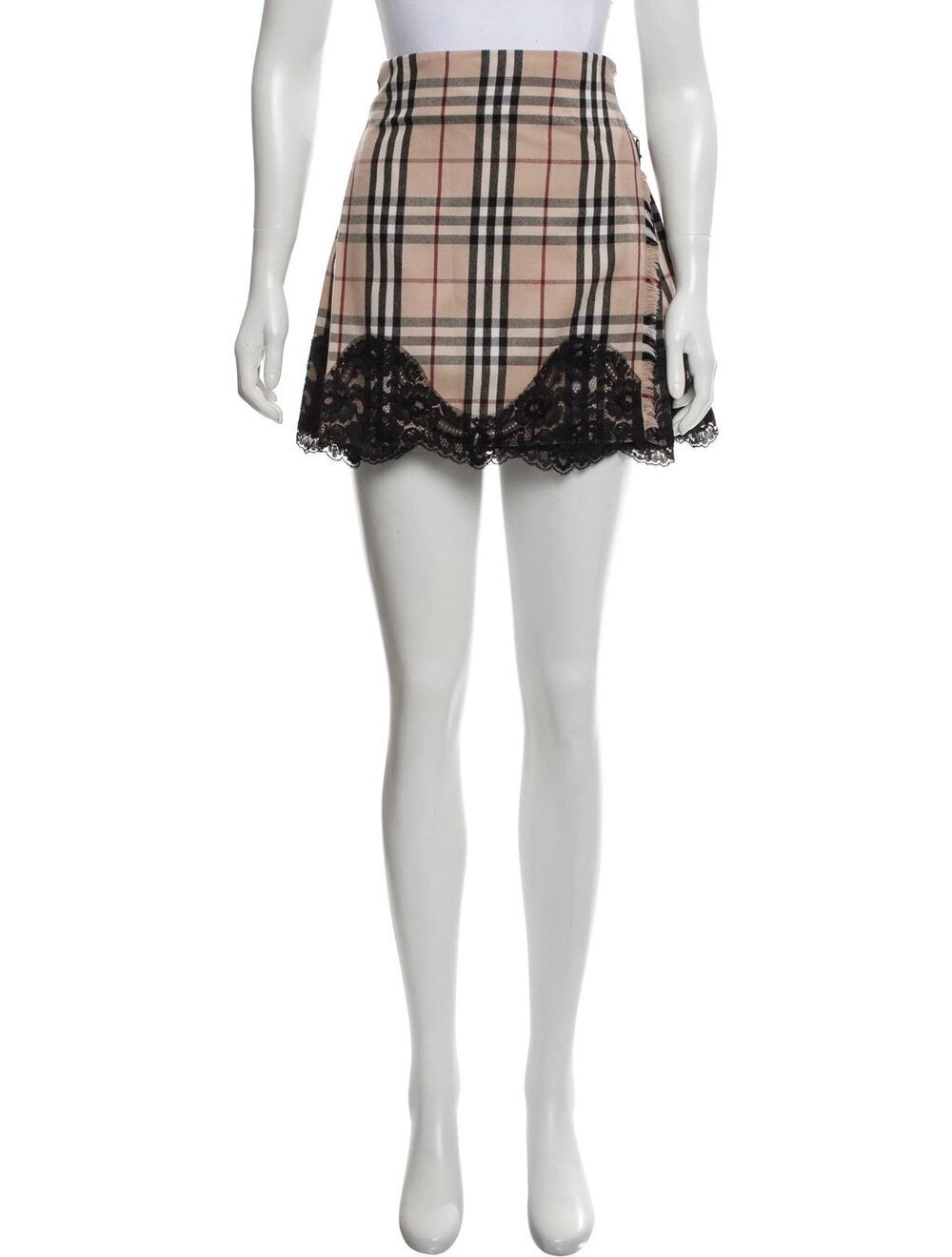 Burberry London Nova Check Pleated Mini Skirt Lace Trim Buckle US 6 UK 8